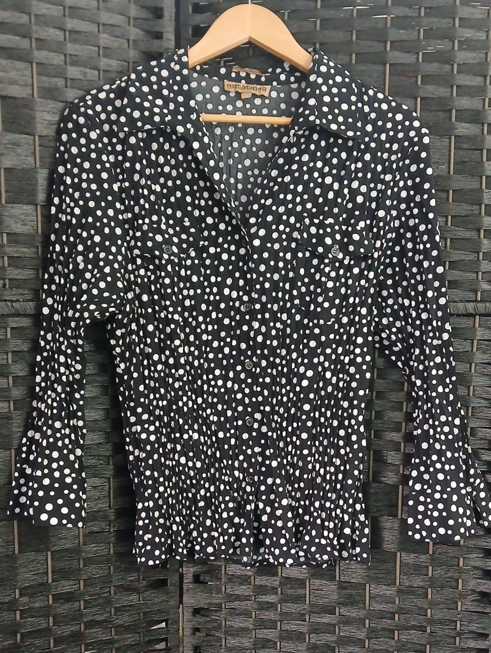 Notations Stretch Black/White Polka Dot Button Micro Pleating Shirt Womens SZ XL